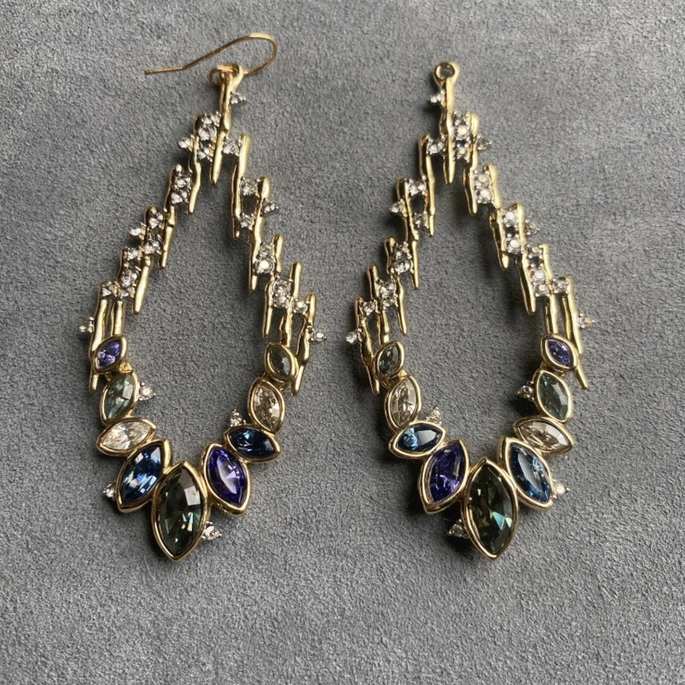 Alexis Bittar Gold Earrings with Multi colored Crystals. Missing 1 hook 2.75”